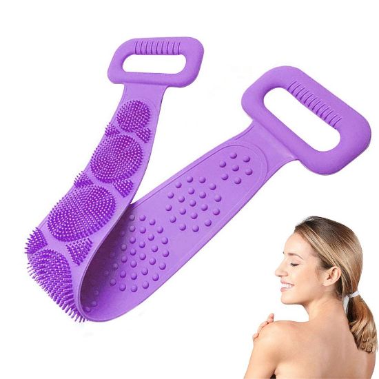 Back Scrubber for Shower,Silicone Body Scrubber,Exfoliating Silicone Bath Body Brush with Soft Brush Bristles and Massage Dots,Lathers Well,Easy to Clean,Eco Friendly, Long Lasting (Purple)