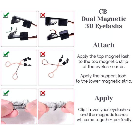 CB 2 Pairs Set 3D Reusable Triple Magnetic Eyelashes Kit Natural Dramatic Volume False Eyelash Extensions, With Magnetic Lash Curler (Set-C)